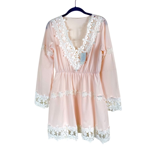 Lovi Swim Blush Pink Floral Embroidery Bell Sleeve Flowy Swim Cover Up - Picture 1 of 7